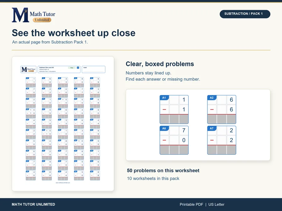 Actual worksheet: Subtraction Within 10